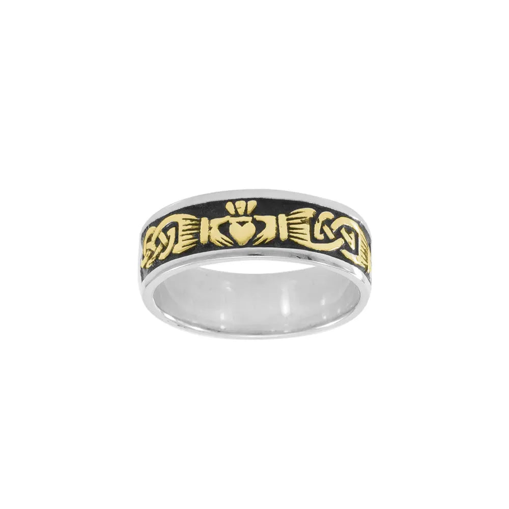 Eternal Beauty of the Claddagh Sterling Silver Celtic Knotwork Accent Ring with 14K Gold
