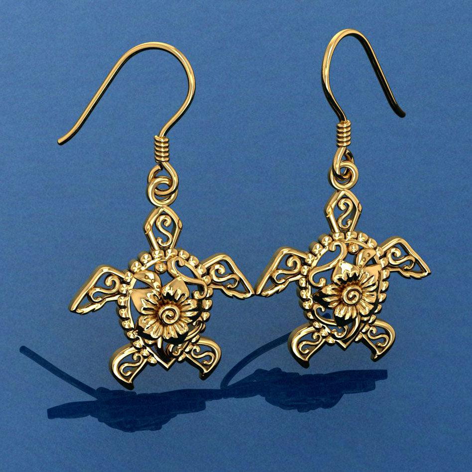 Sea Turtle Filigree Hook Earrings in 14k Gold GER1706 - Jewelry