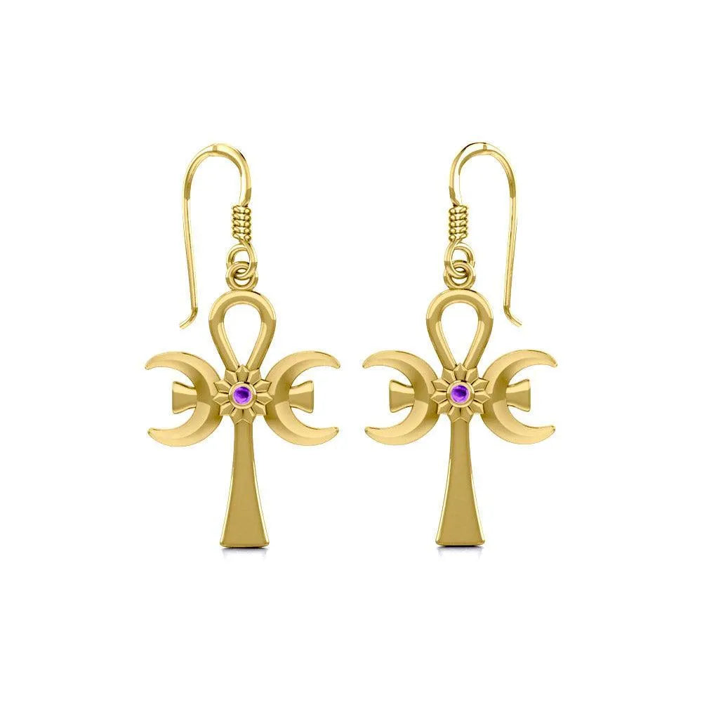 A breath of life ~ Solid Yellow Gold Triple Goddess Ankh Hook Earrings with Gemstone GER1708