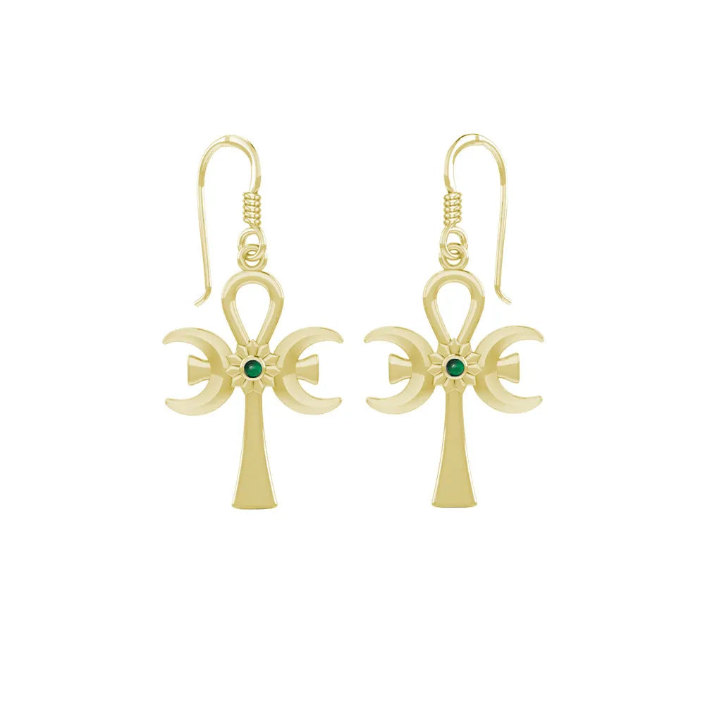 A breath of life ~ Solid Yellow Gold Triple Goddess Ankh Hook Earrings with Gemstone GER1708