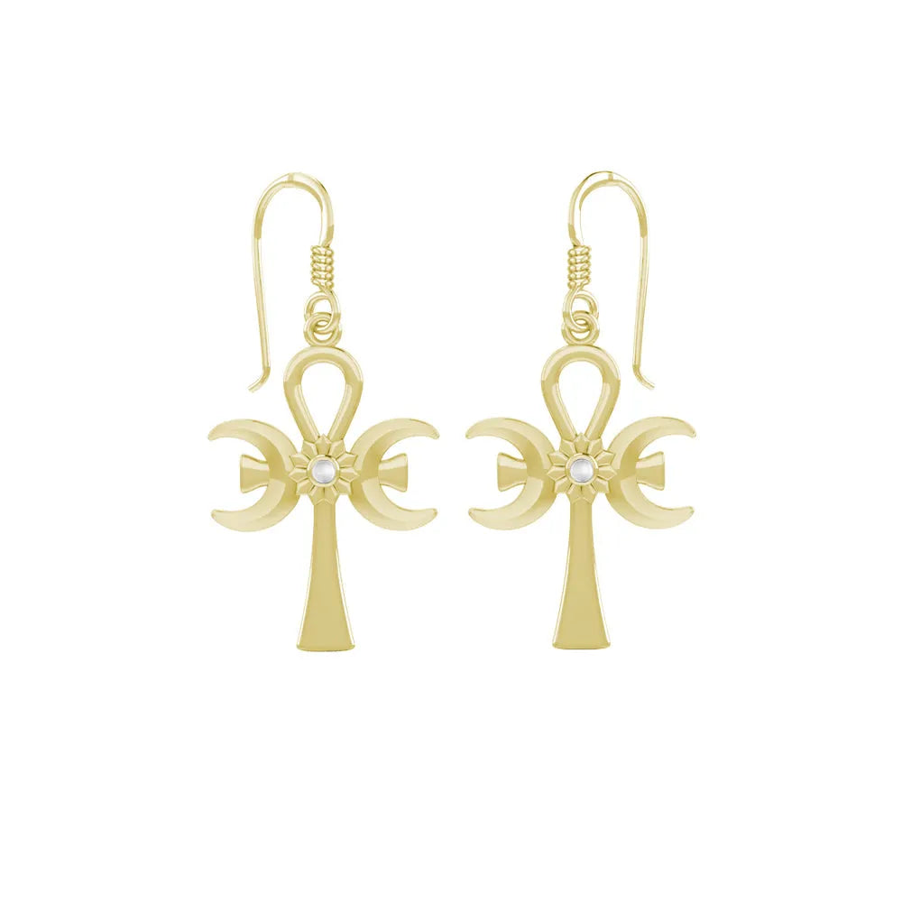 A breath of life ~ Solid Yellow Gold Triple Goddess Ankh Hook Earrings with Gemstone GER1708