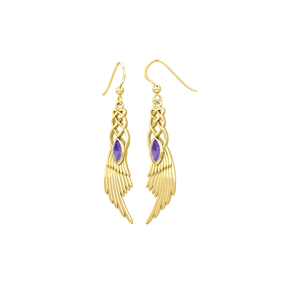 Celtic Knot Angel Wing Solid Yellow Gold Earrings with Marquise Gemstone GER1928