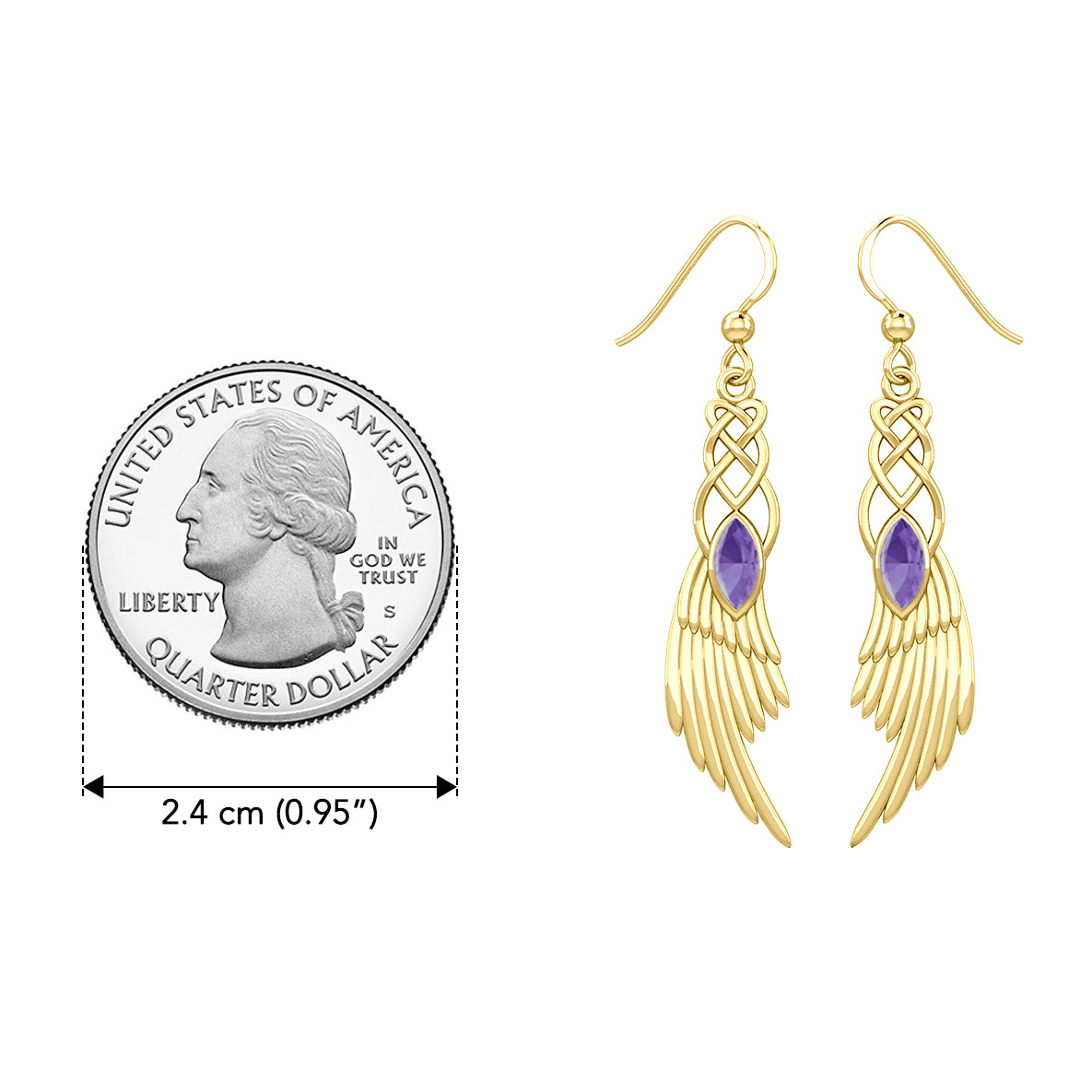 Celtic Knot Angel Wing Solid Yellow Gold Earrings with Marquise Gemstone GER1928