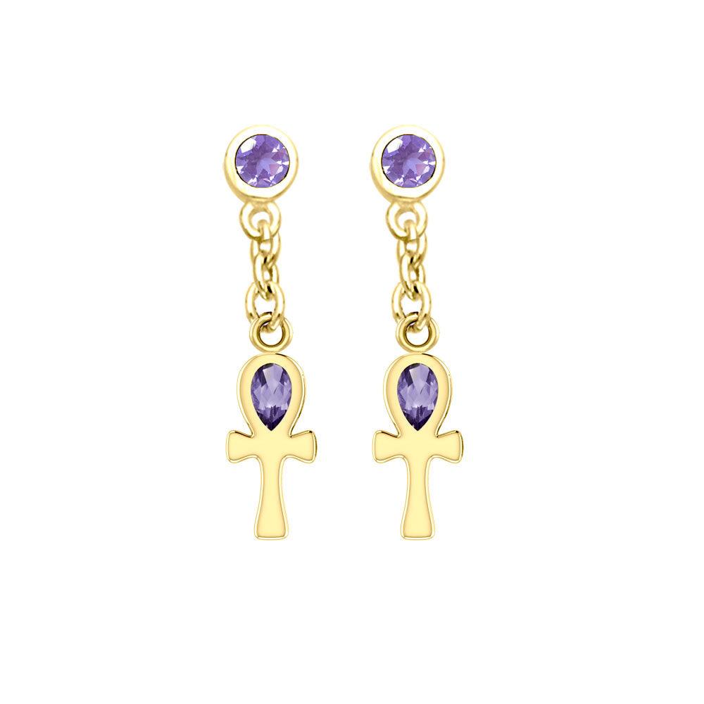 Solid Gold Ankh Post Dangling Earrings with Gemstone GER2190 - Jewelry