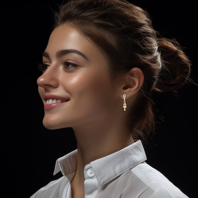 Solid Gold Ankh Post Dangling Earrings with Gemstone GER2190 - Jewelry