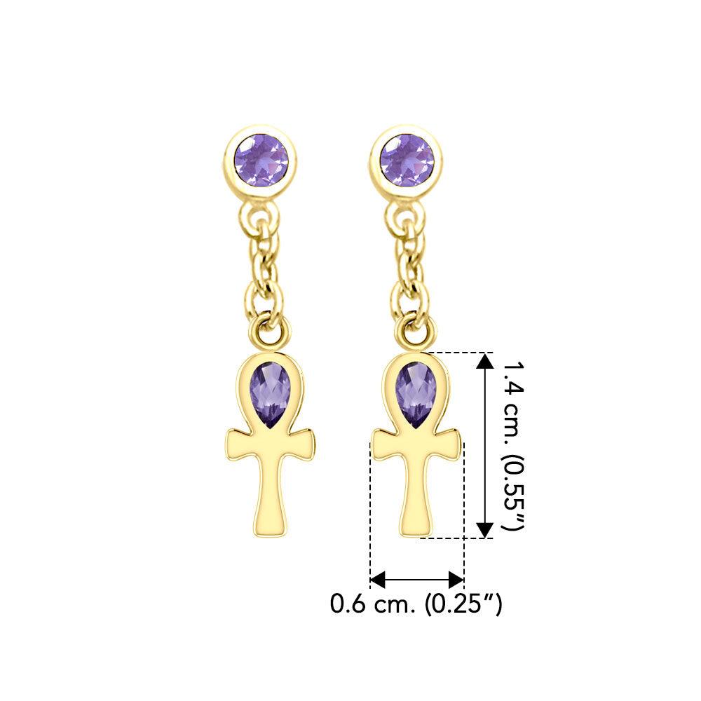 Solid Gold Ankh Post Dangling Earrings with Gemstone GER2190 - Jewelry