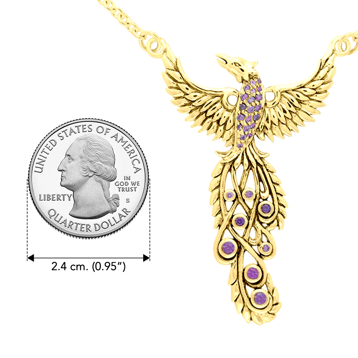 Honor Thy Flying Phoenix Solid Yellow Gold Jewelry Necklace with Gemstone GNC236