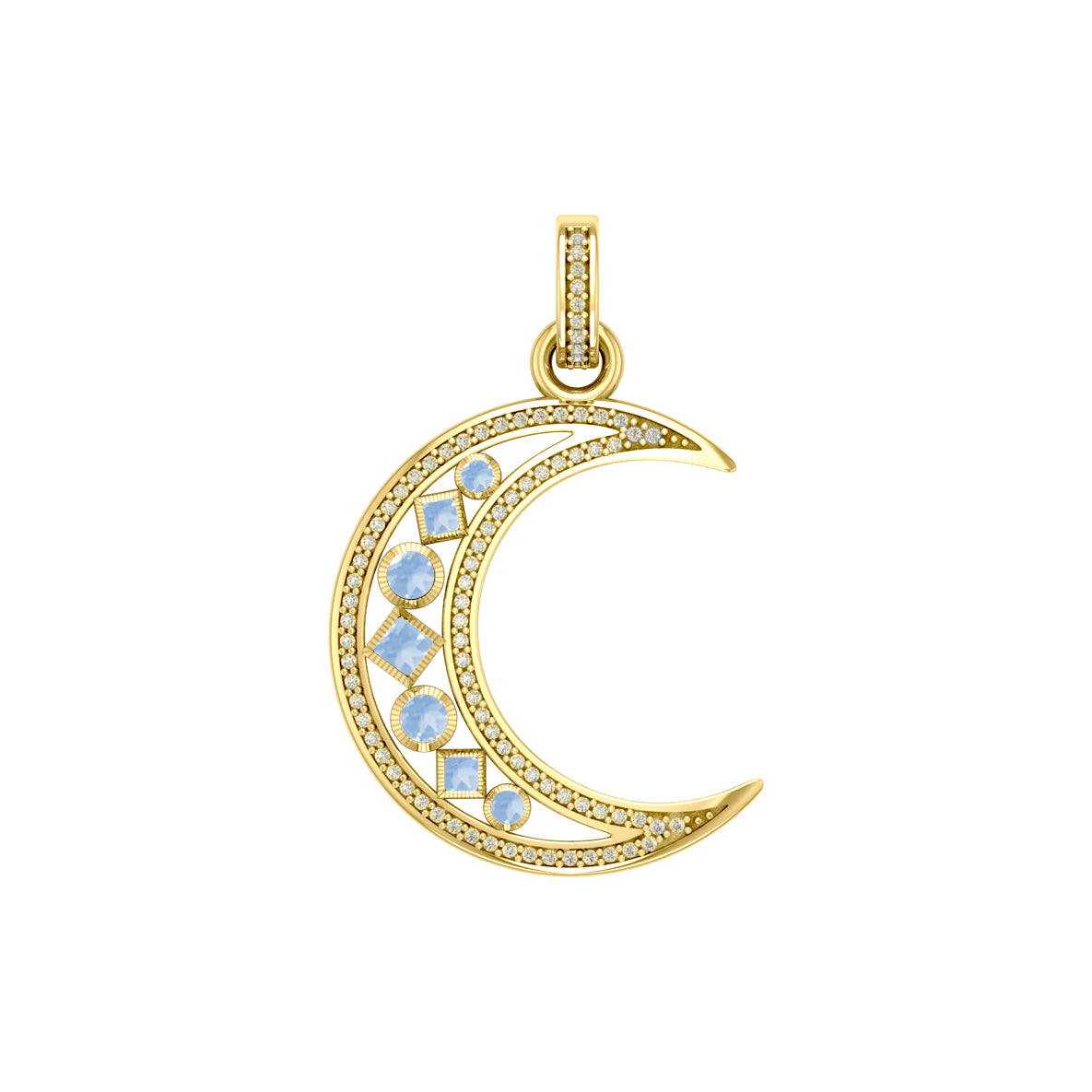 Chakra Moon Solid Yellow Gold with Gemstones Pendant GPD3494