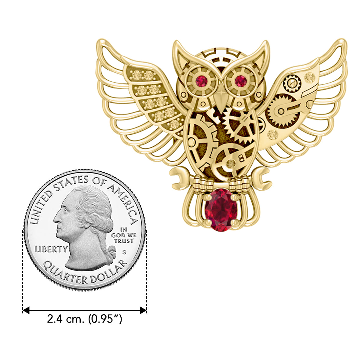 Steampunk Owl Solid Yellow Gold Pendant with Gemstone GPD5070