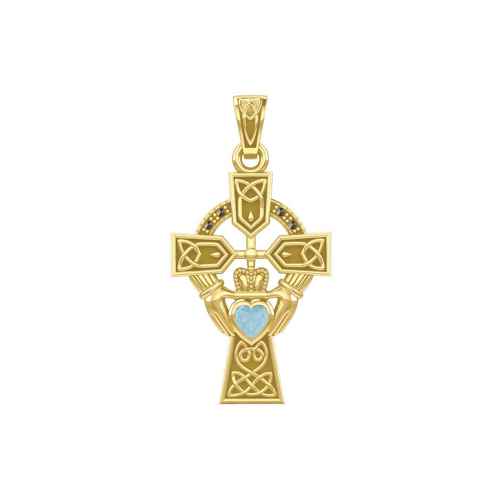 Celtic Cross and Irish Claddagh Yellow Gold Pendant with Heart Gemstone GPD5340 - Jewelry