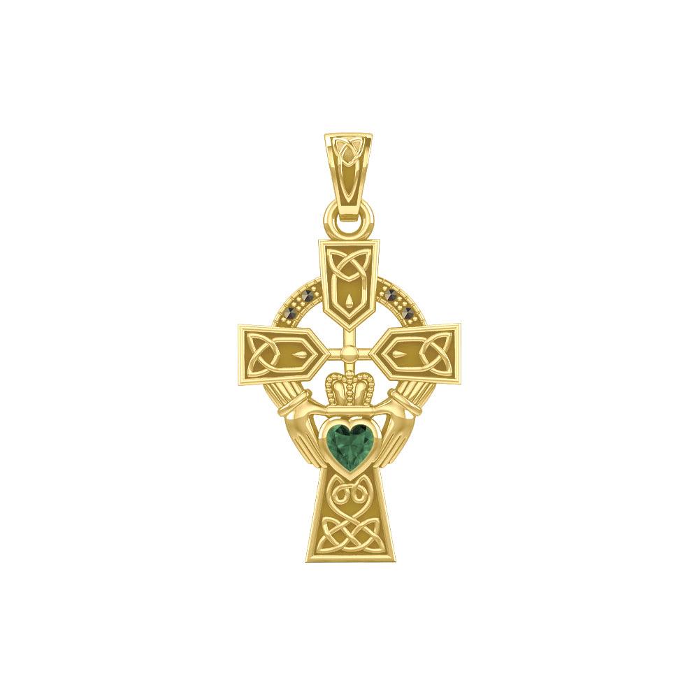 Celtic Cross and Irish Claddagh Yellow Gold Pendant with Heart Gemstone GPD5340 - Jewelry