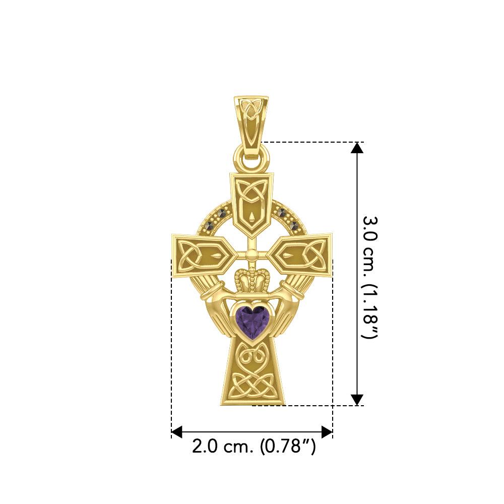 Celtic Cross and Irish Claddagh Yellow Gold Pendant with Heart Gemstone GPD5340 - Jewelry