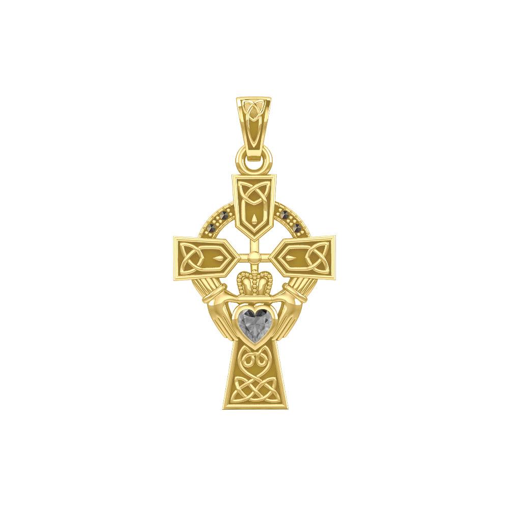 Celtic Cross and Irish Claddagh Yellow Gold Pendant with Heart Gemstone GPD5340 - Jewelry