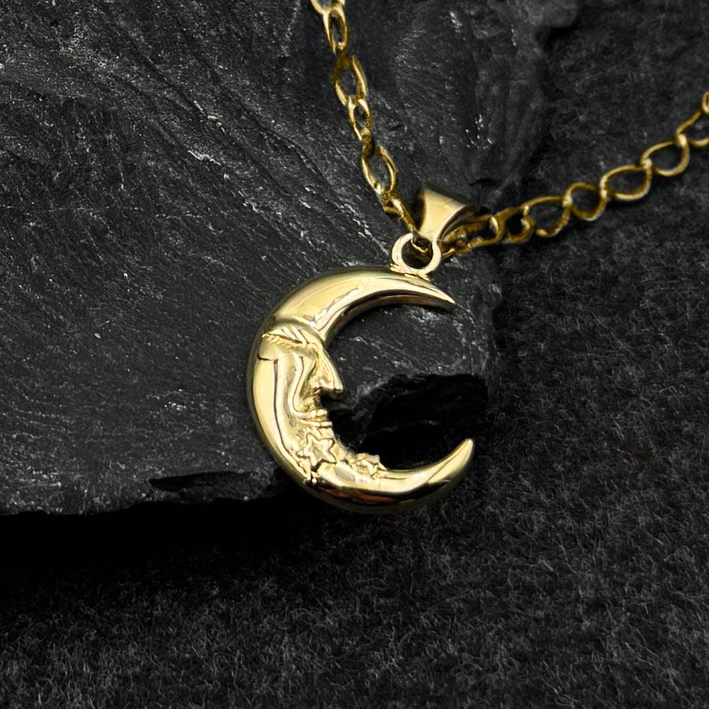 Crescent Moon Face with Stars Solid Gold Pendant GPD5642 - Jewelry