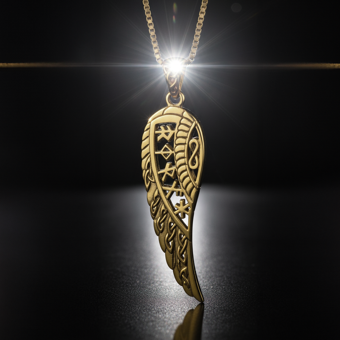 Celtic Angel Wing with Rune Symbols Solid Gold Pendant