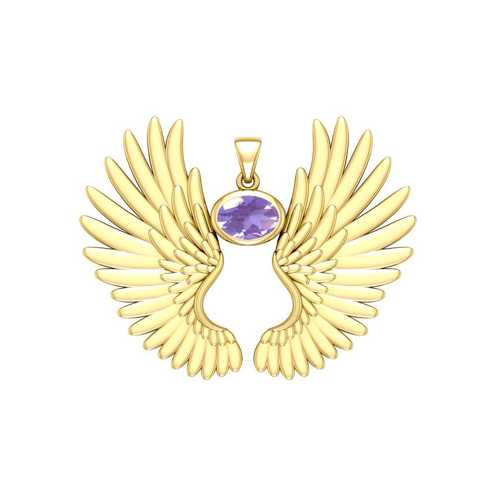 Guardian Angel Wings Solid Yellow Gold Pendant with Birthstone GPD5867 - Jewelry