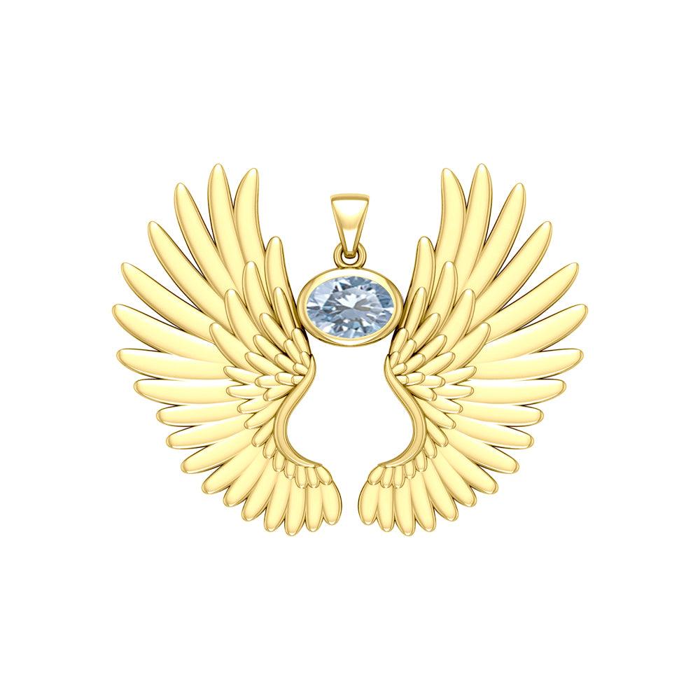 Guardian Angel Wings Solid Yellow Gold Pendant with Birthstone GPD5867 - Jewelry