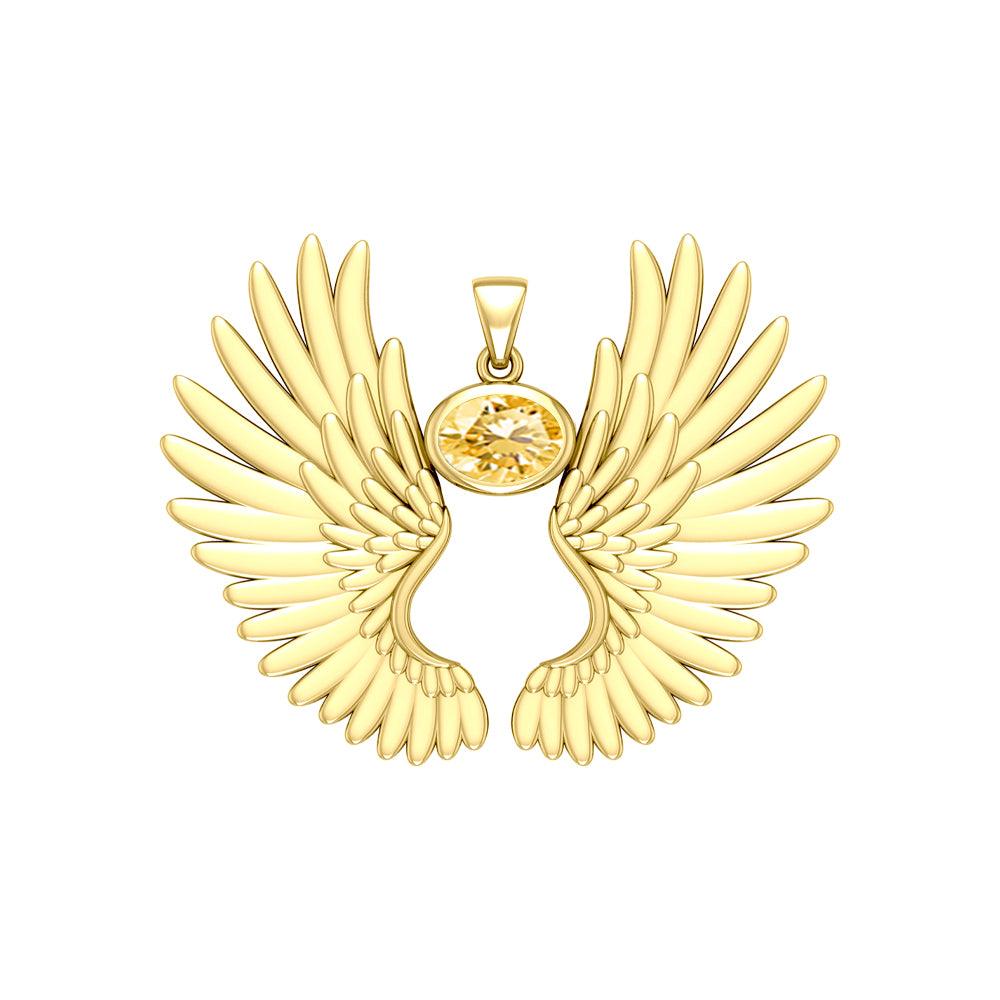 Guardian Angel Wings Solid Yellow Gold Pendant with Birthstone GPD5867 - Jewelry