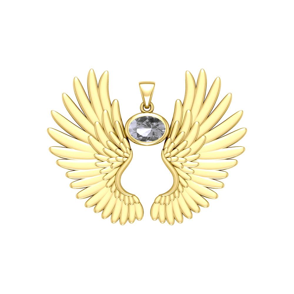 Guardian Angel Wings Solid Yellow Gold Pendant with Birthstone GPD5867 - Jewelry