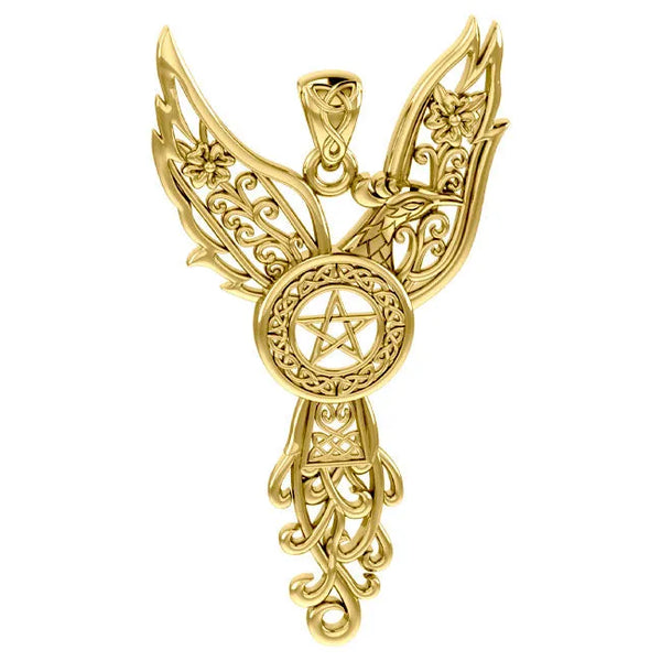 Celtic Phoenix with Five-Pointed Star Solid Yellow Gold Pendant