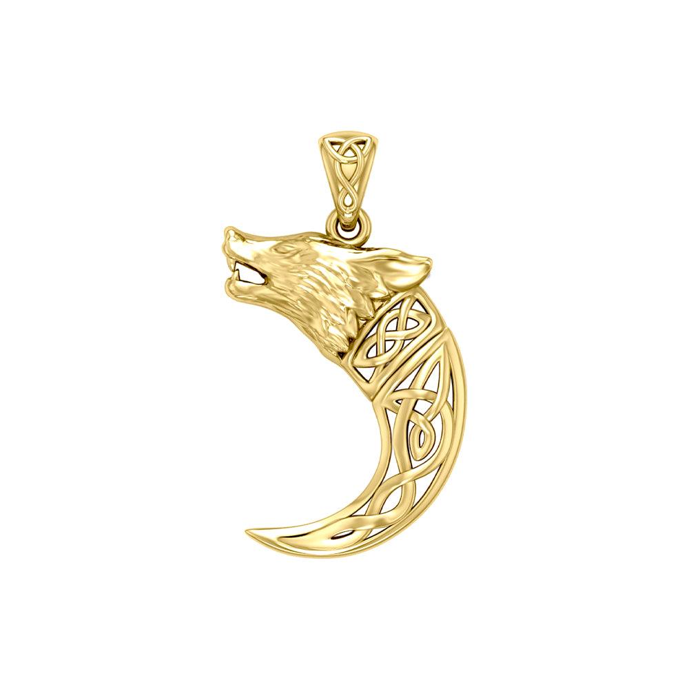 Wolf with Celtic Viking Norse Horn Solid Yellow Gold Pendant GPD5979 - Jewelry