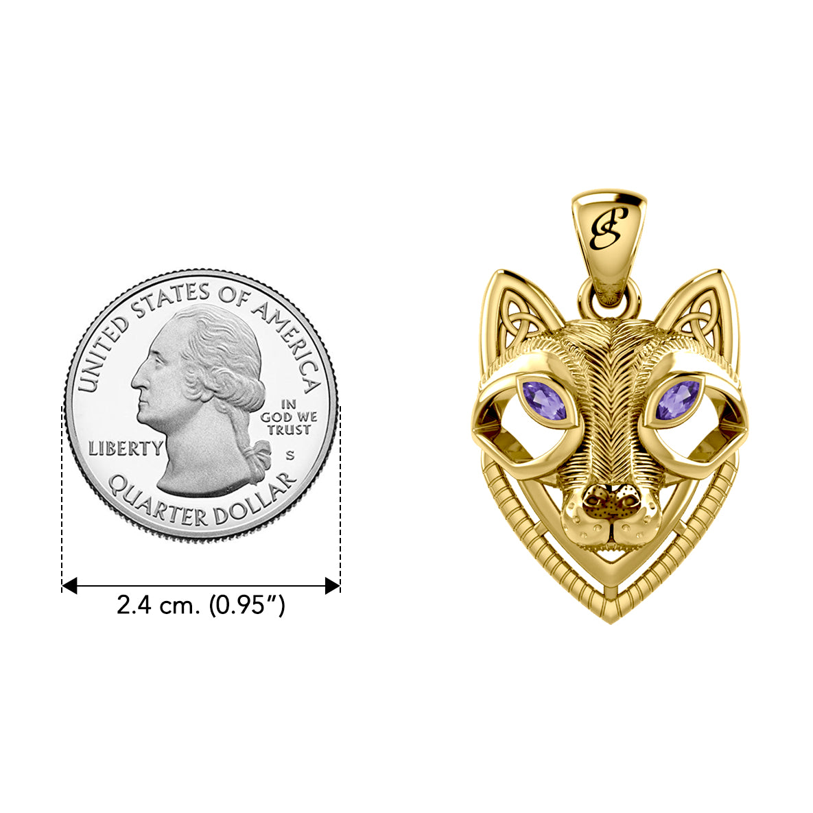 Celtic Wolf Spirit with Meaningful Gemstone Solid Yellow Gold Pendant GPD6213