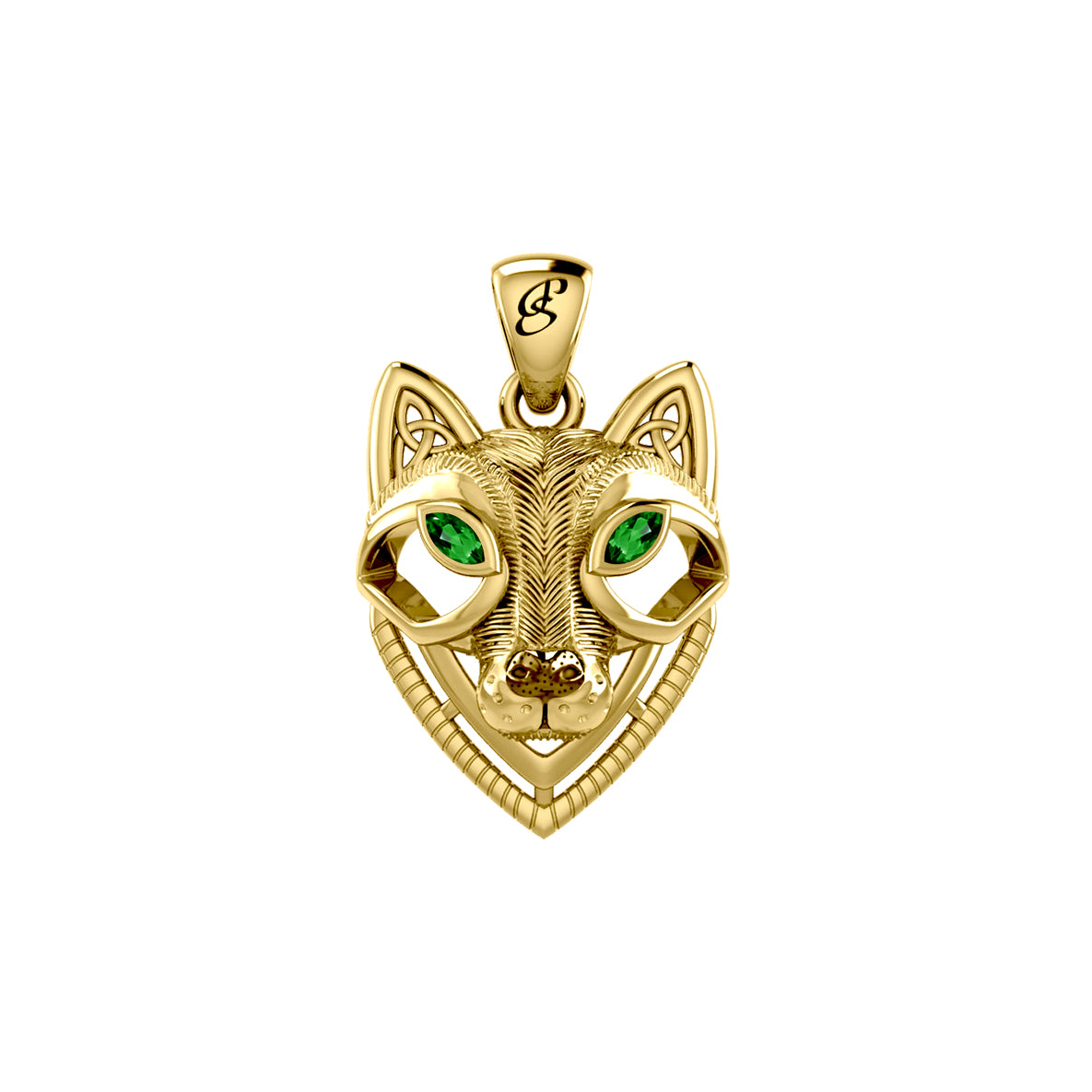 Celtic Wolf Spirit with Meaningful Gemstone Solid Yellow Gold Pendant GPD6213