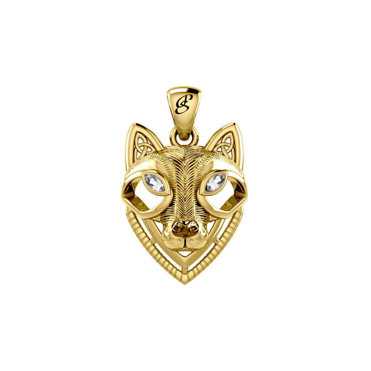 Celtic Wolf Spirit with Meaningful Gemstone Solid Yellow Gold Pendant GPD6213