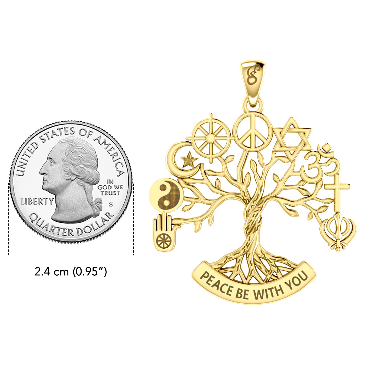 Tree of Life with Peace and Faith Symbols Solid Gold Pendant GPD6364