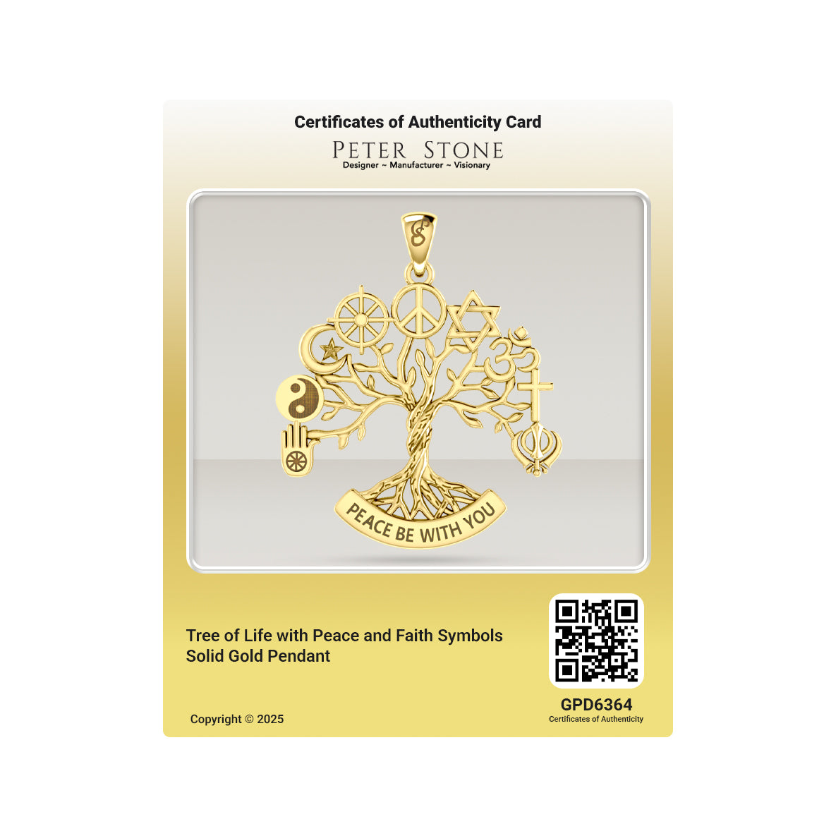Tree of Life with Peace and Faith Symbols Solid Gold Pendant GPD6364