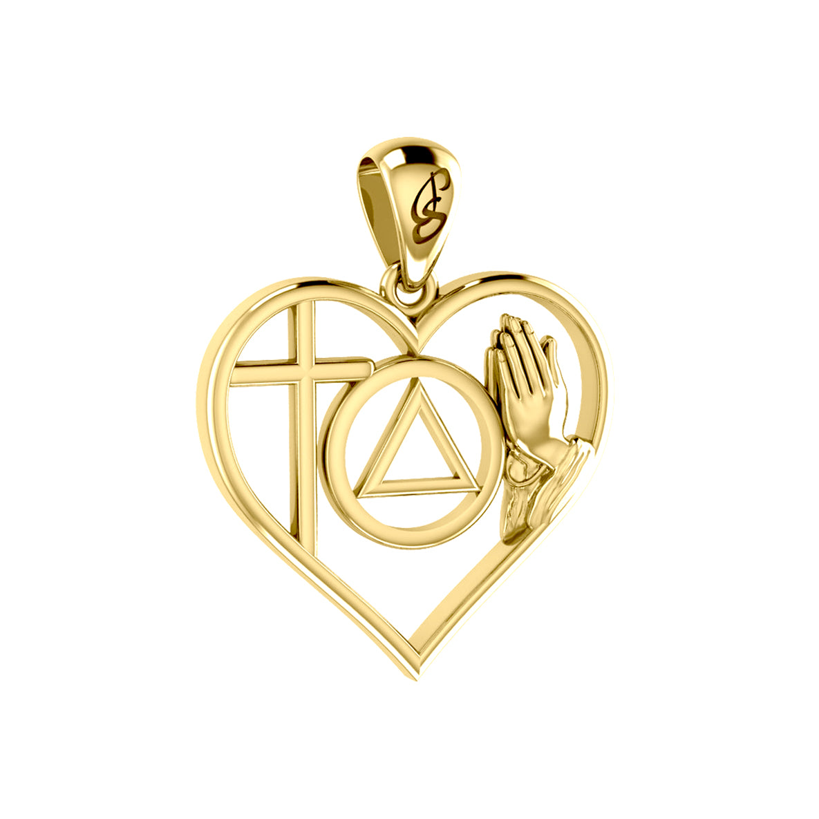AA Recovery Symbol with Faith and Christogram in Heart Solid Gold Pendant GPD6386
