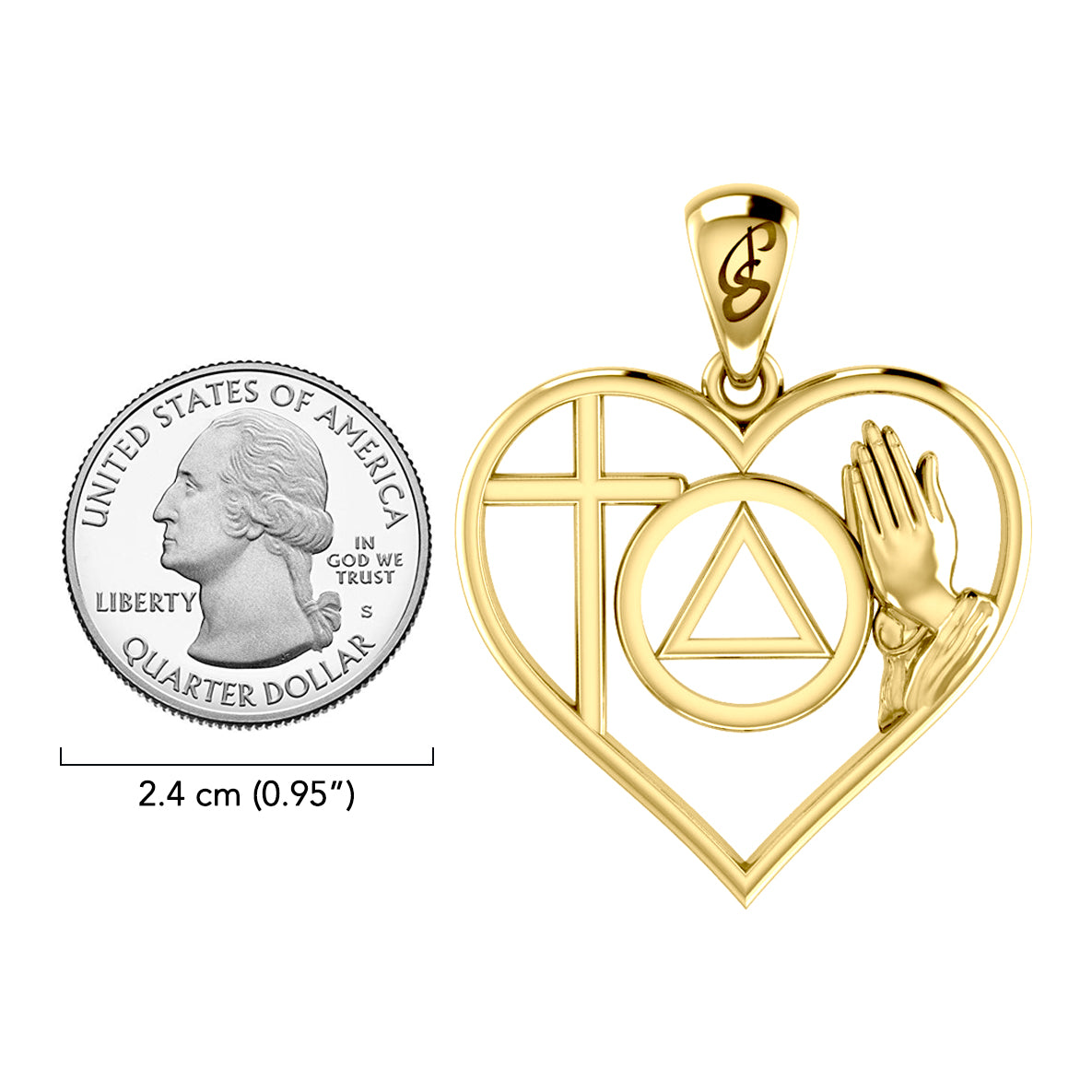 AA Recovery Symbol with Faith and Christogram in Heart Solid Gold Pendant GPD6386