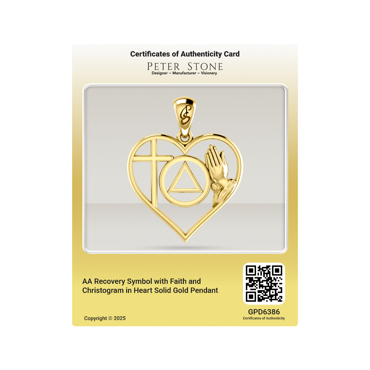 AA Recovery Symbol with Faith and Christogram in Heart Solid Gold Pendant GPD6386