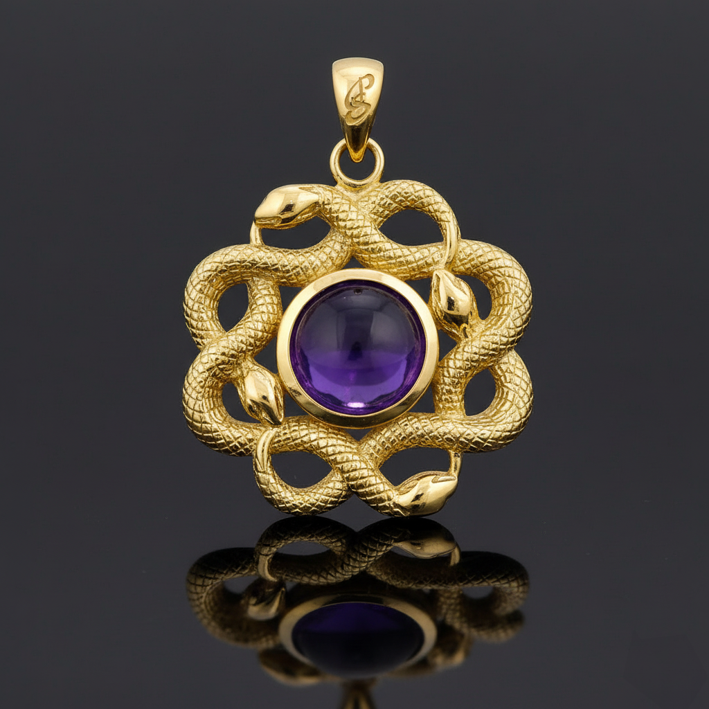 Ouroboros Snake with Celtic Knot Solid Gold Pendant with Gem
