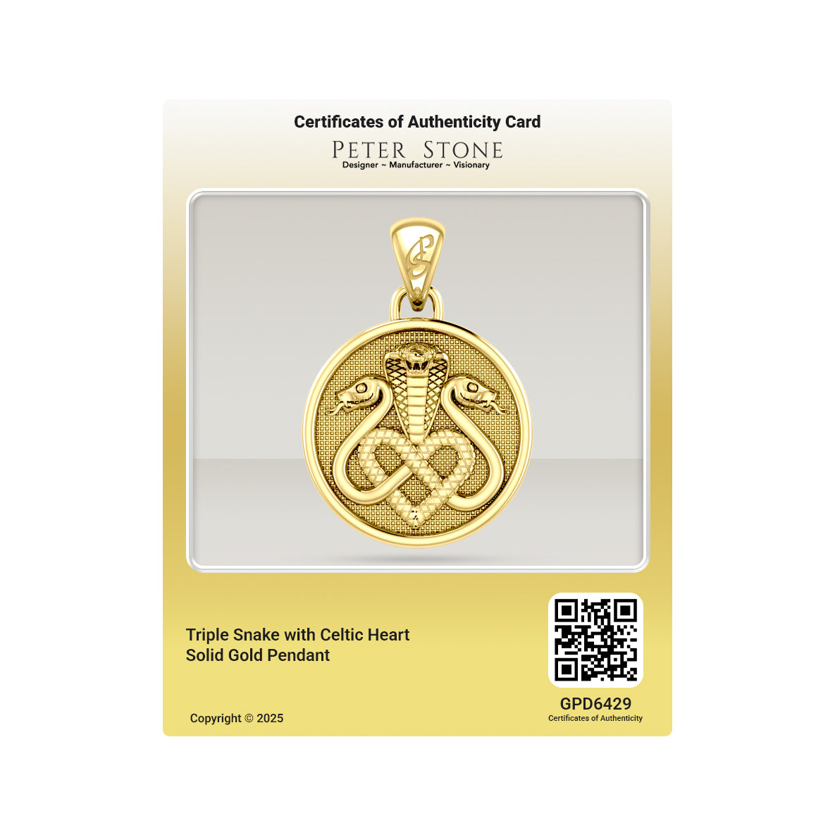 Triple Snake with Celtic Heart Solid Gold Pendant GPD6429