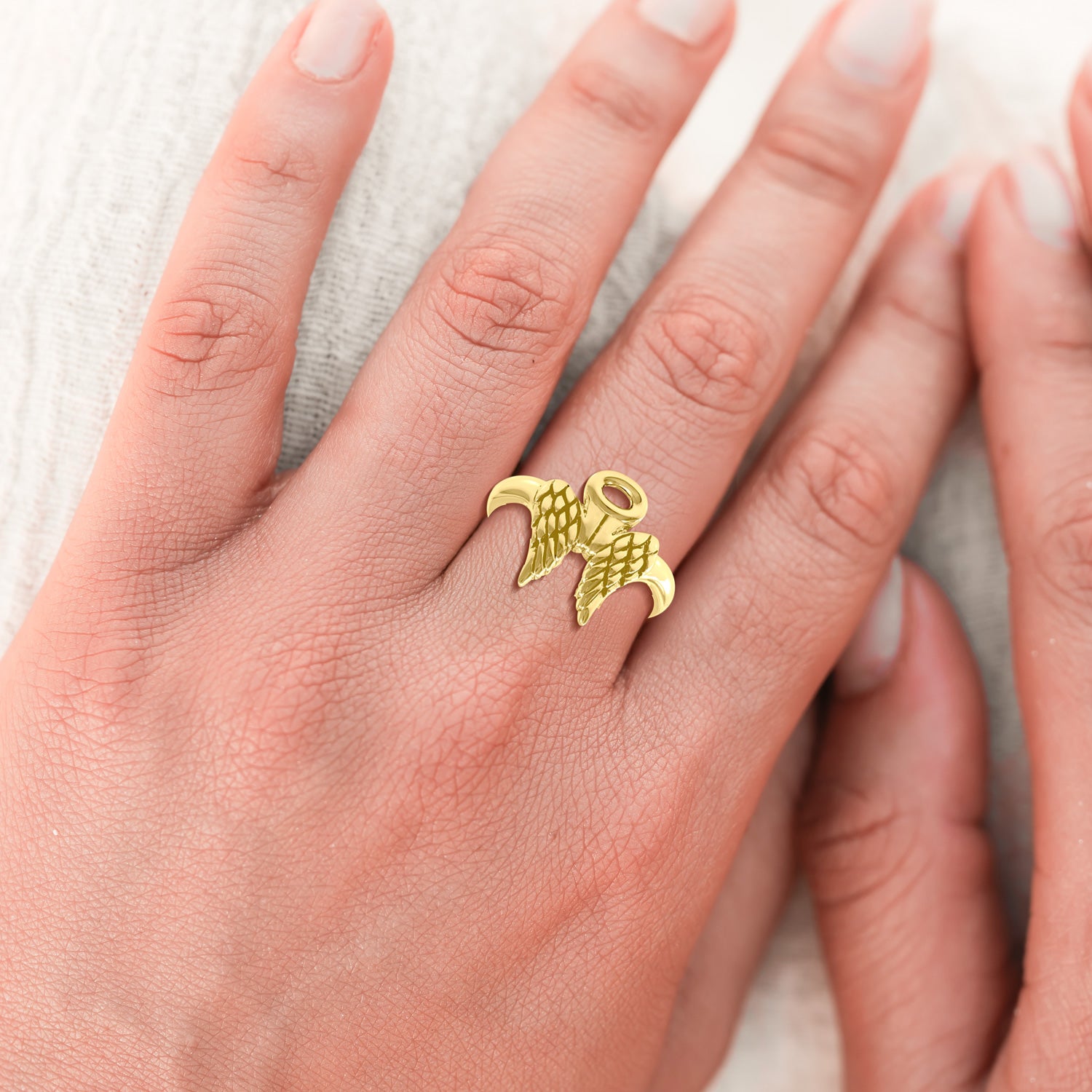 Angel Wings Halo Solid Yellow Gold Ring GRI1549