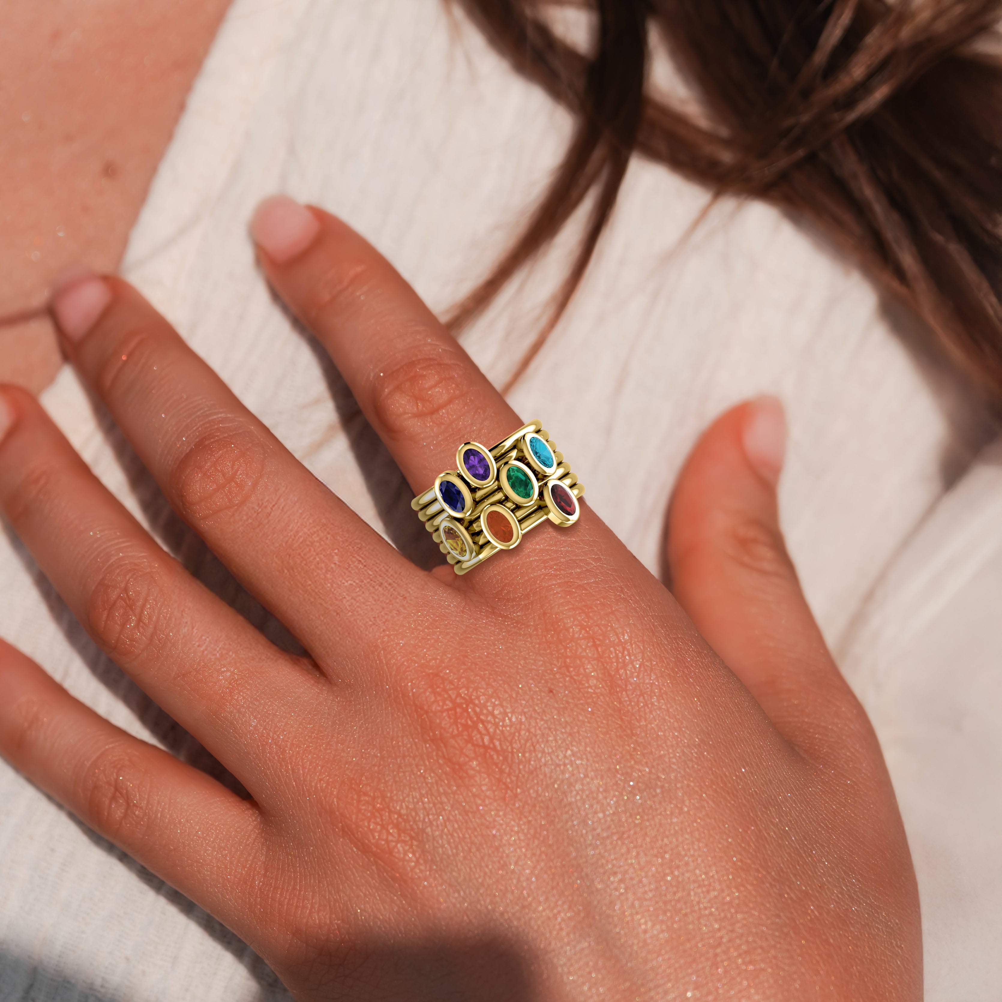 Oval Chakra Gemstone on Solid Yellow Gold Stack Ring GRI1856