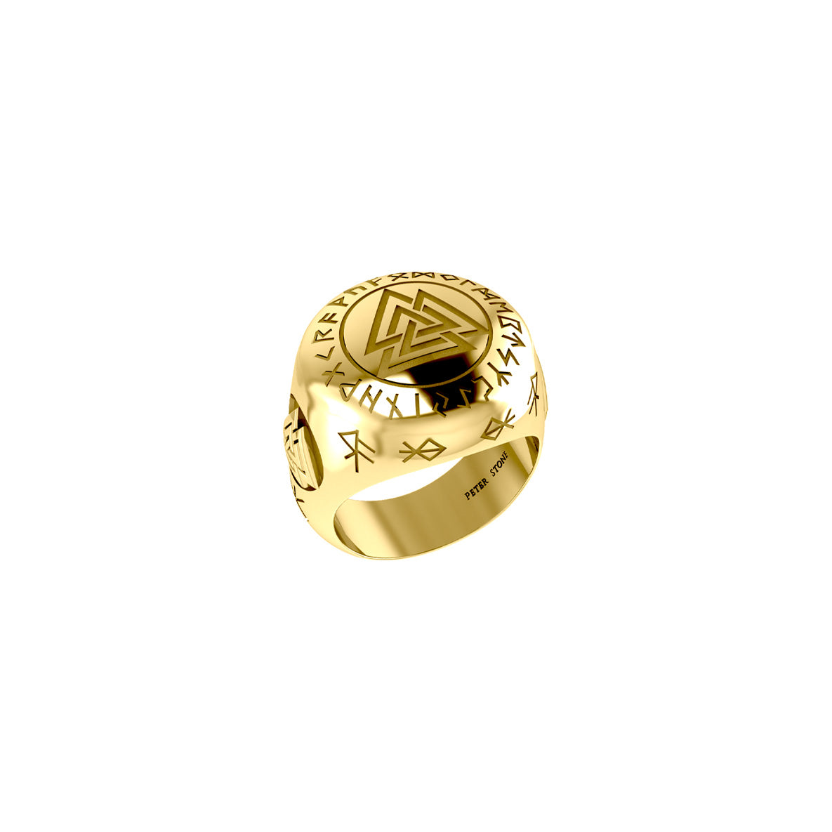 Norse Viking Valknut Solid Yellow Gold Ring with Rune Symbols GRI2413
