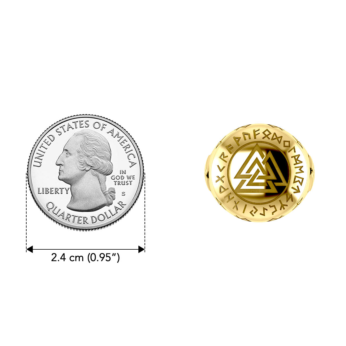 Norse Viking Valknut Solid Yellow Gold Ring with Rune Symbols GRI2413
