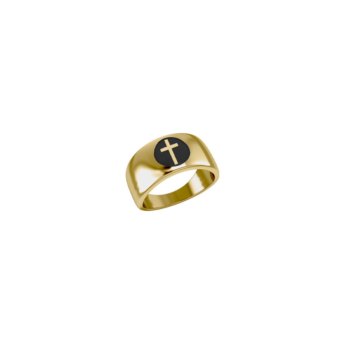 Spiritual Elegance Solid Yellow Gold Faith Cross Men Band Ring with Black GRI2475