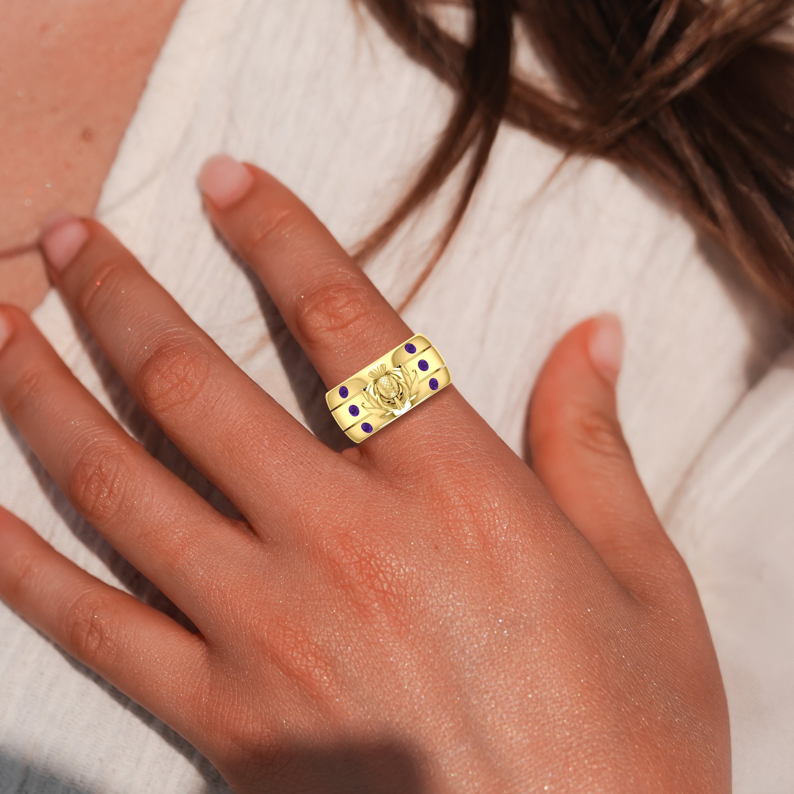 Strong and Beautiful Scottish Thistle Solid Yellow Gold Ring with GRI356