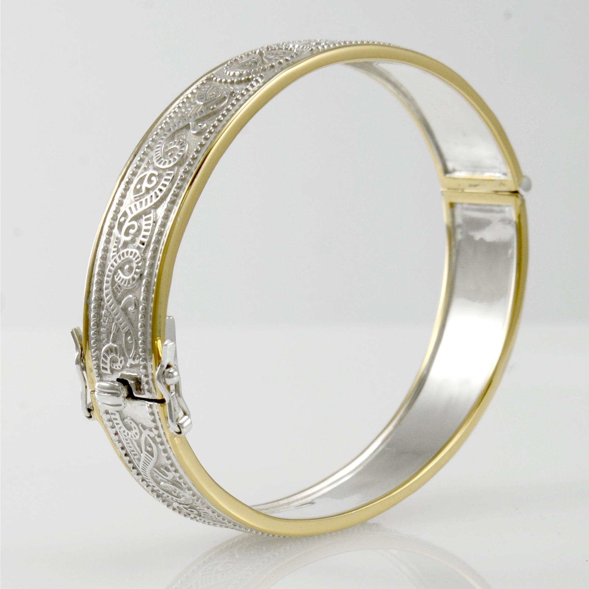 Small Silver and Gold Plate Border Celtic Bangle with open lock MBA211 - Jewelry