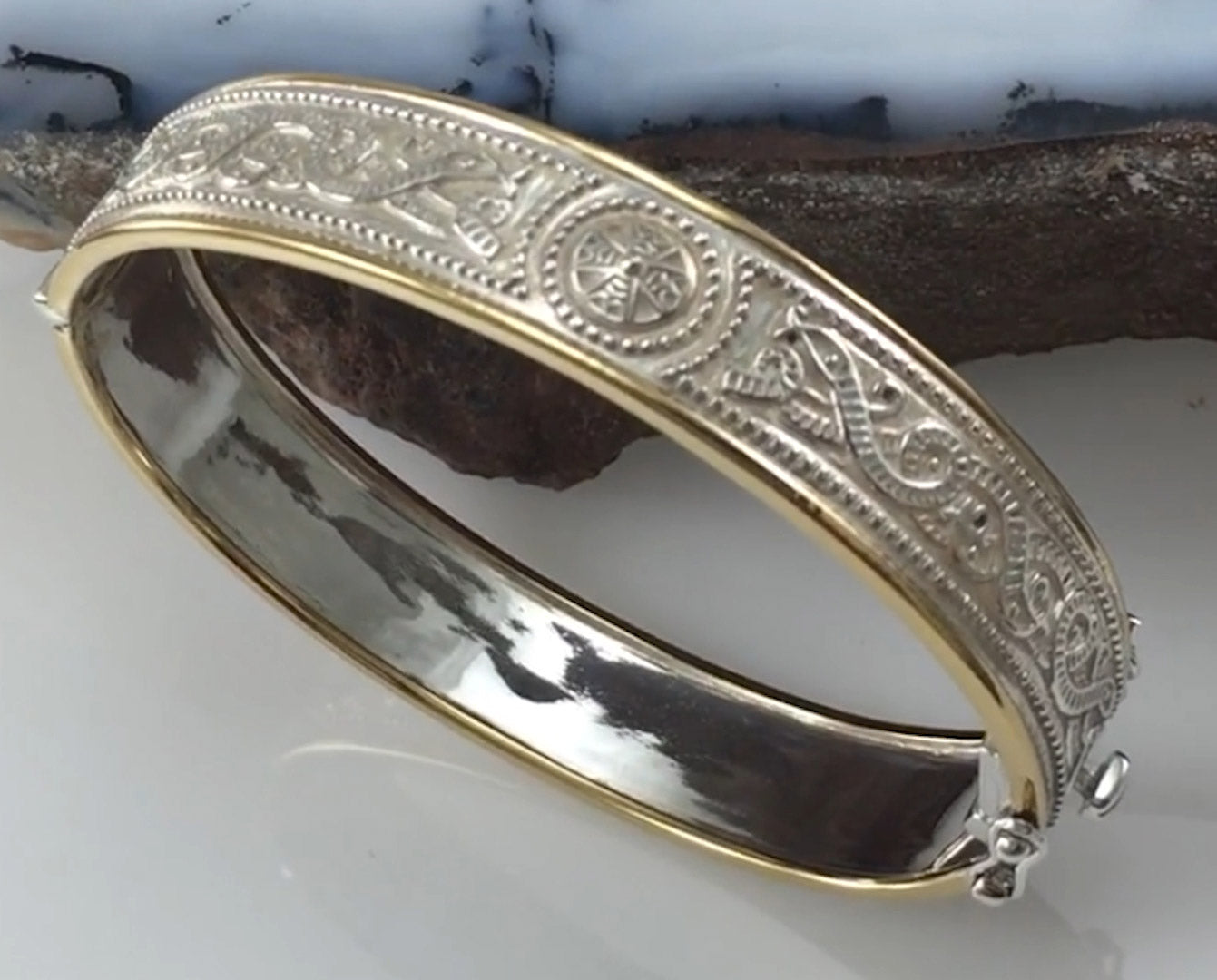 Small Sterling Silver and 14K Gold Accent Border Celtic Bangle with open lock MBA211