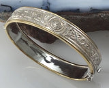 Small Sterling Silver and 14K Gold Accent Border Celtic Bangle with open lock MBA211
