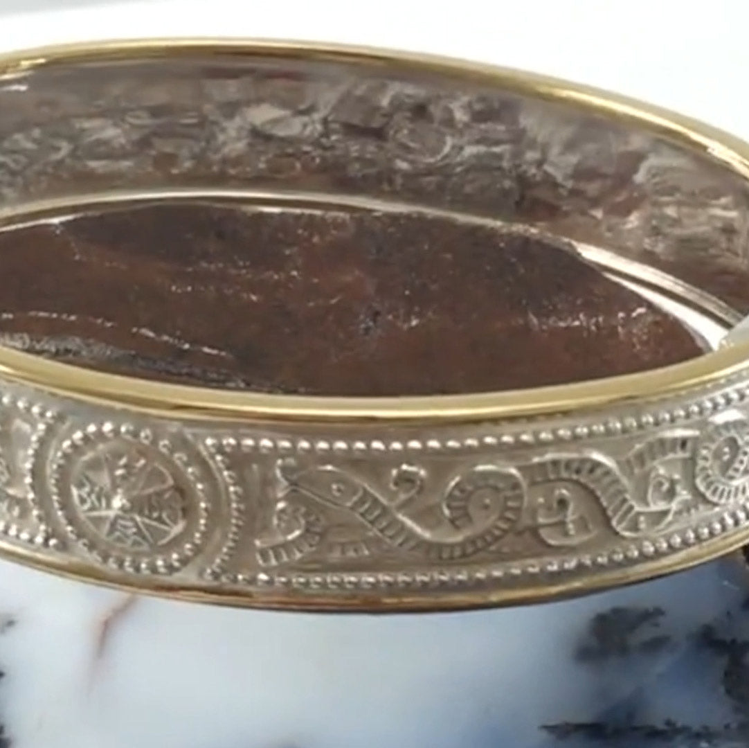 Small Sterling Silver and 14K Gold Accent Border Celtic Bangle with open lock MBA211