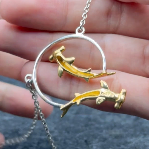 Quadruple Hammerhead Shark Sterling Silver and 14K Gold Accent Necklace MNC296