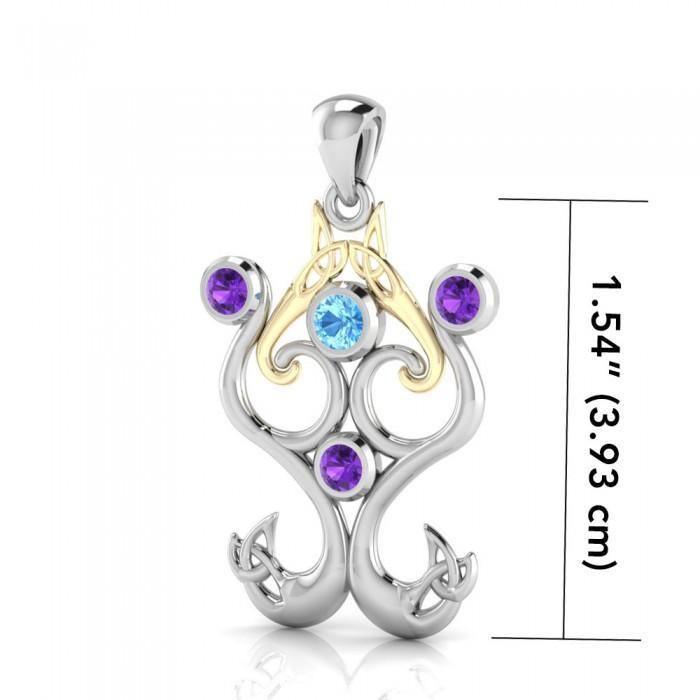 An endless life’s motif ~ Sterling Silver Celtic Triquetra Pendant with 14k Gold Accent and Gemstone MPD1274 - Jewelry