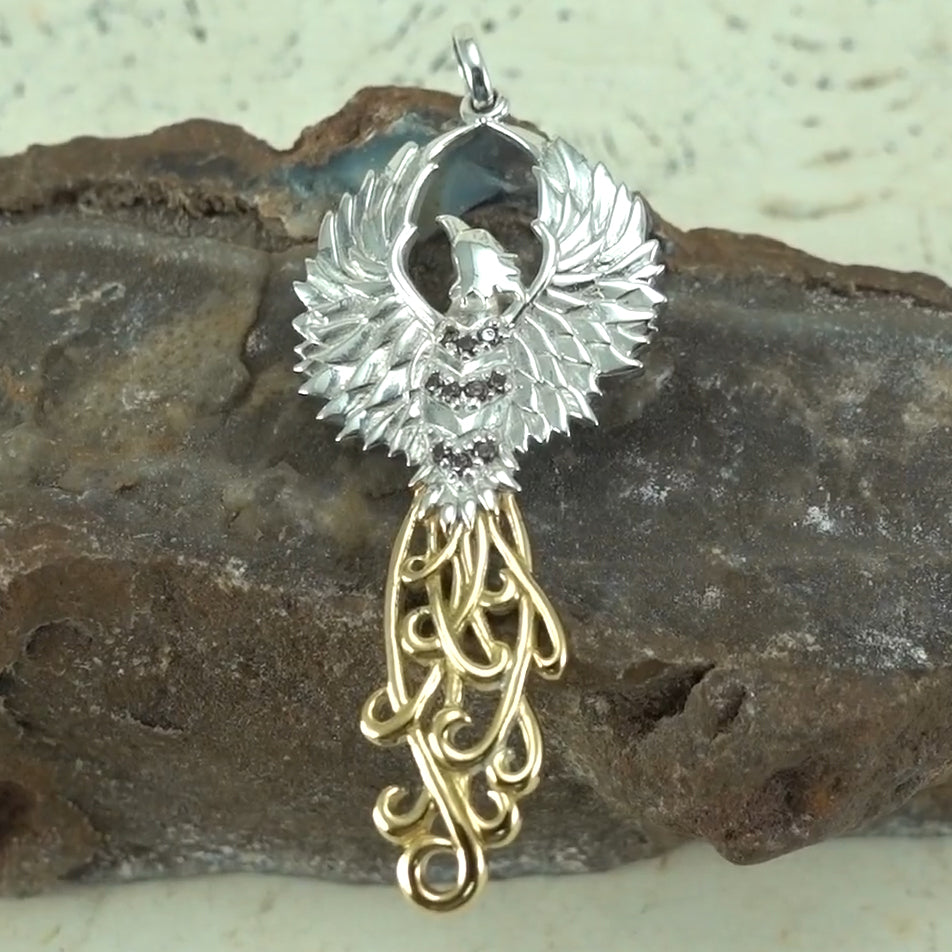 The Rise of the Mystical Fire Bird Sterling Silver and 14K Gold Accent Pendant MPD2915