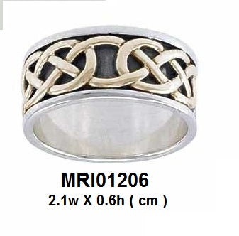 Intertwined eternity in all directions ~ Celtic Knotwork Sterling Silver Ring in 14K Gold accent MRI1206