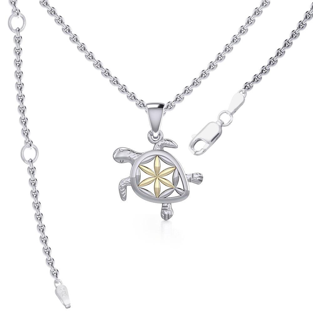 Swimming Turtle with Flower of Life Shell Silver and Gold Accent Pendant and Chain Set MSE973 - Jewelry